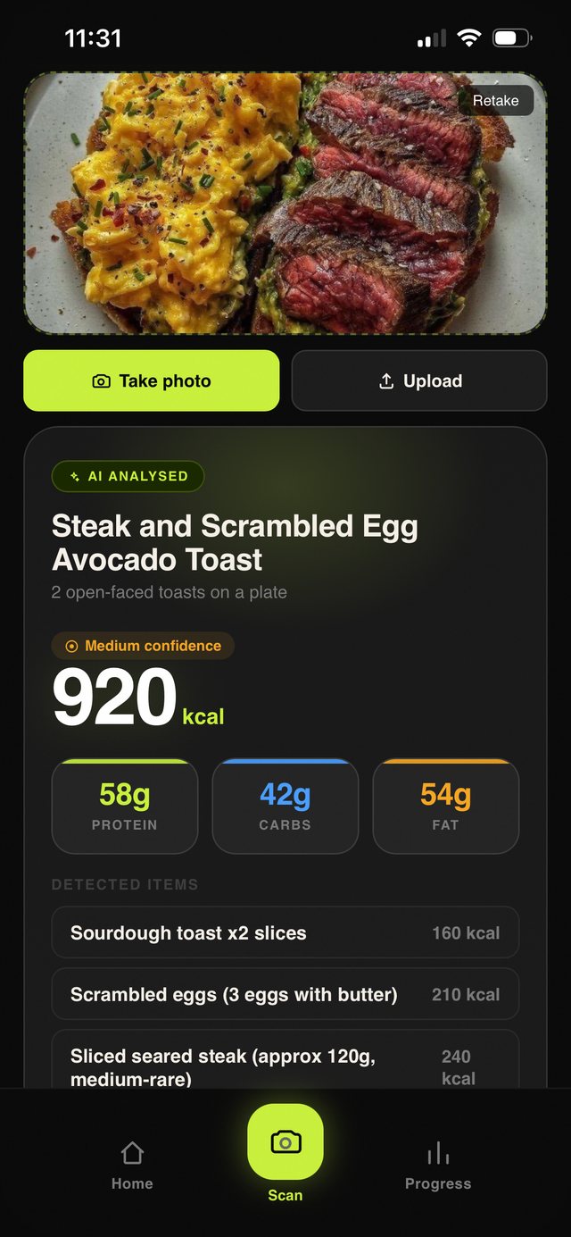Actual Nutriwealth photo analysis of a meal, with estimated calories and macros