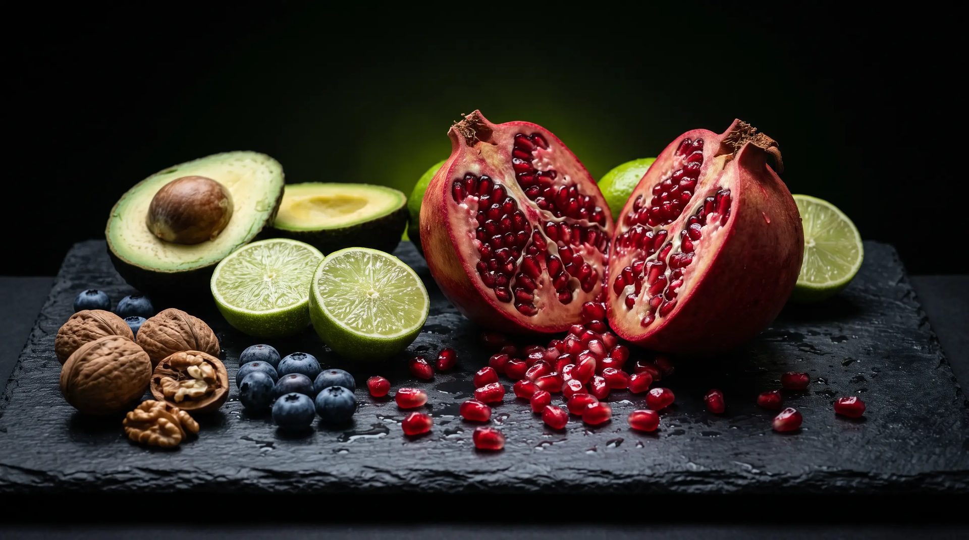 Fresh pomegranate, avocado, lime, blueberries and walnuts on dark stone