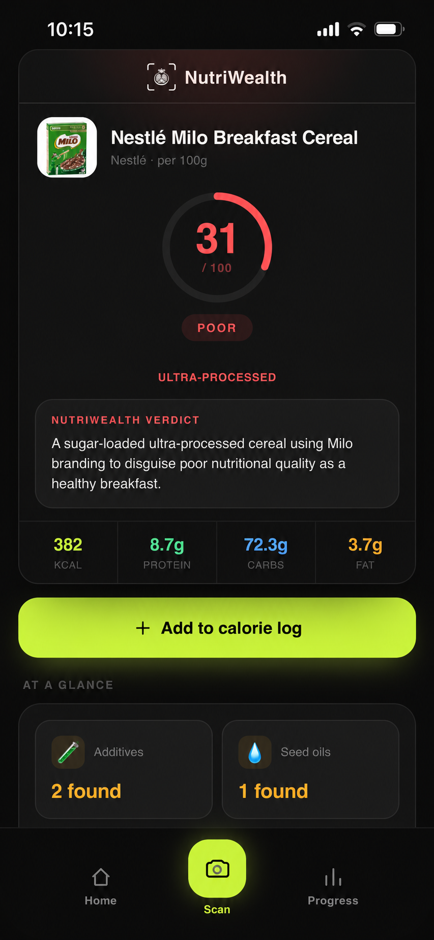 Milo cereal scan: food score and nutrition summary